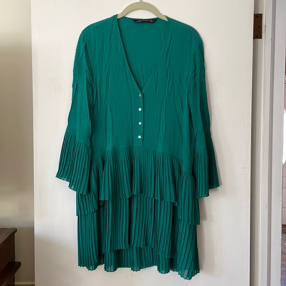 Zara Woman Large Green Pleated Tunic Blouse
